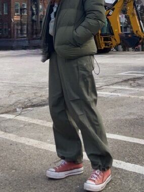 OAK + FORT Olive Green Wide Leg Parachute Cargo Pants with Drawstring Cuffs
